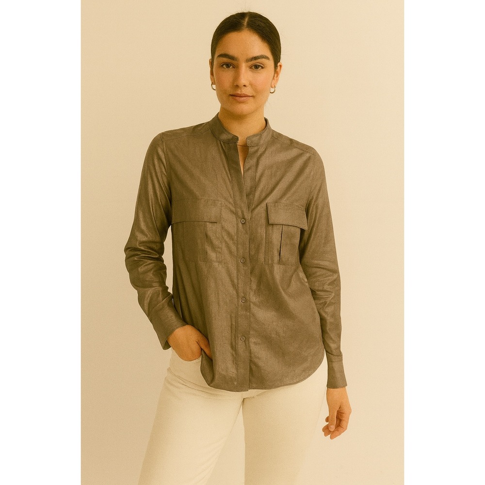 BCBGMAXAZRIA "Anderson" Button-Down Blouse – Dusty Olive – XXS